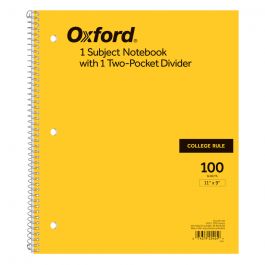 Oxford 1-Subject Notebook, 9" x 11", College Rule, 100 Sheets, Storage  Pocket