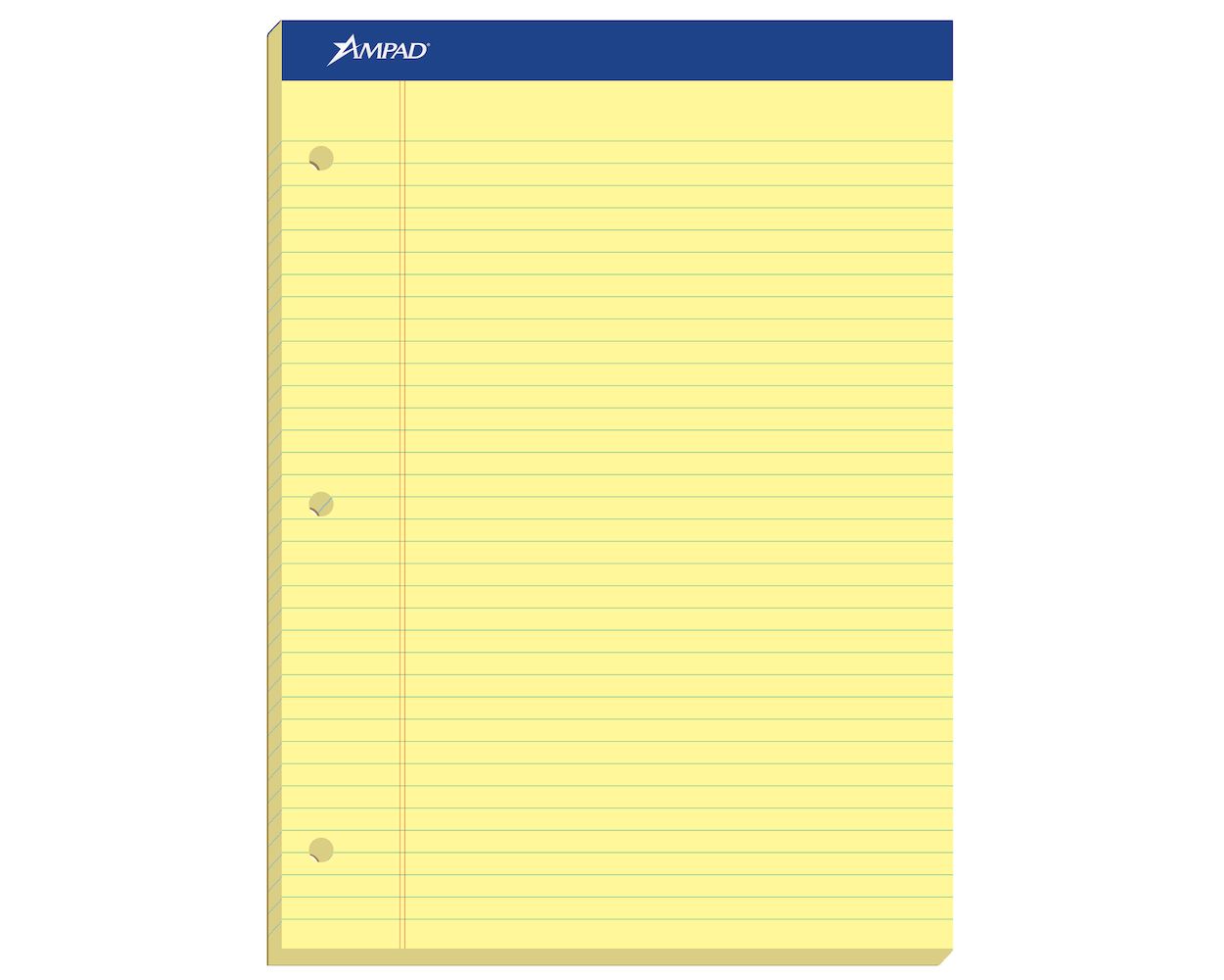 Ampad Double-Sheet Writing Pad, 8-1/2" x 11-3/4", Legal Rule, Canary Paper,  3-Hole Punched, 100 Sheets