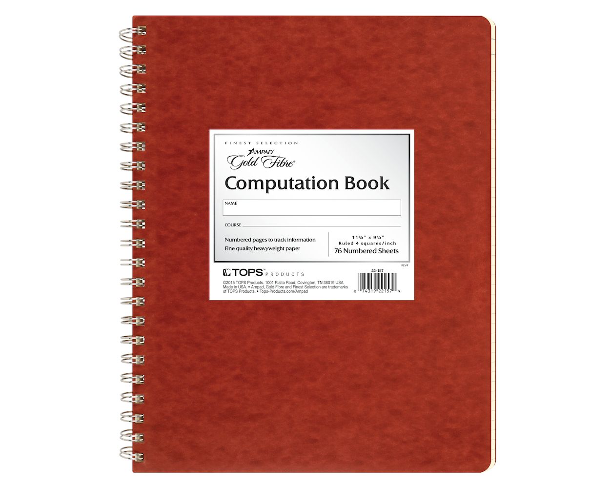 Ampad Computation Book, 9-3/8" x 11-3/4", Spiral Bound, Graph Ruled (4 x  4), Red Pressboard Covers, Ivory Paper, 76 Sheets