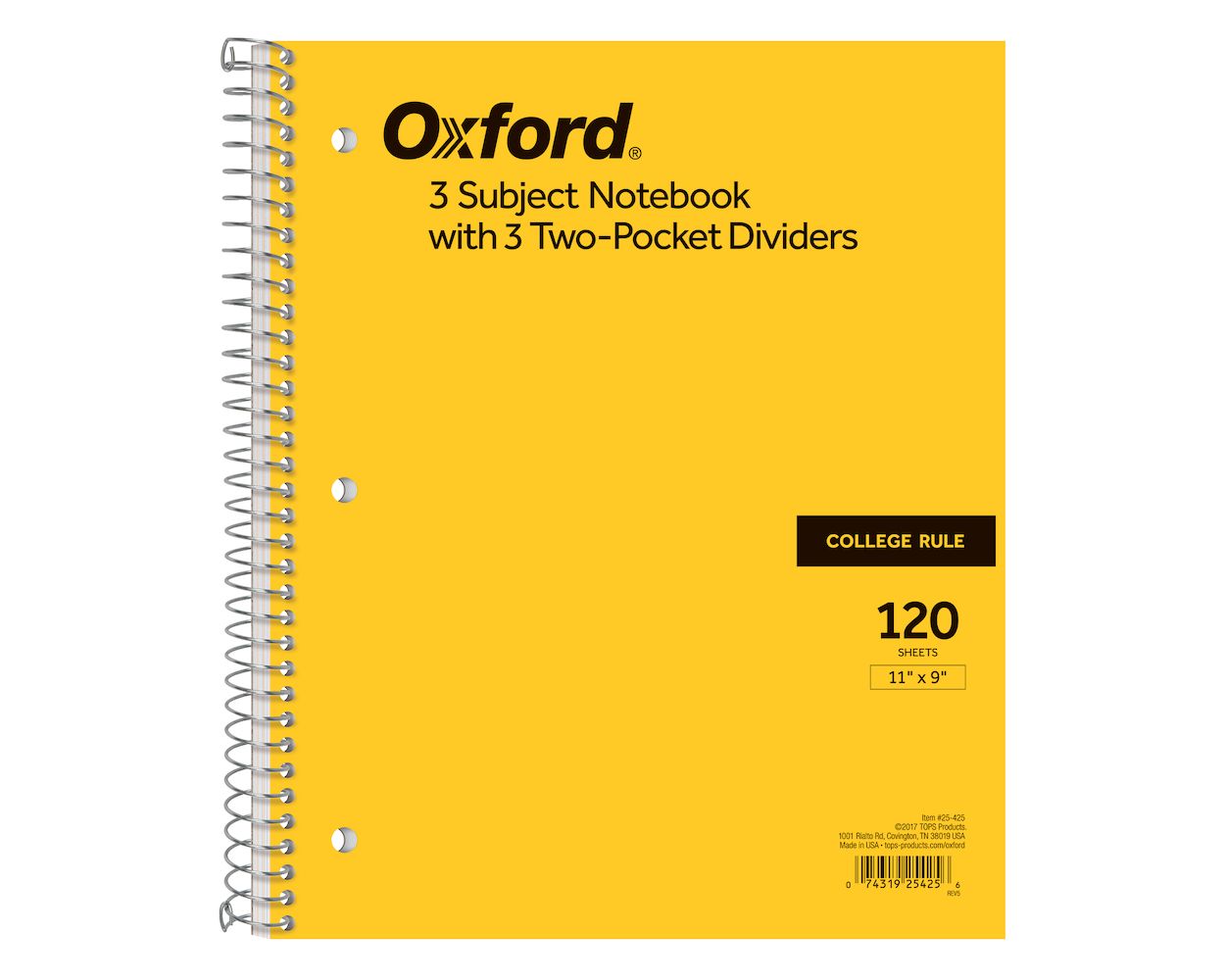 Oxford 3-Subject Notebook, 9" x 11", College Rule, 120 Sheets, 3 Extra-Wide  Dividers