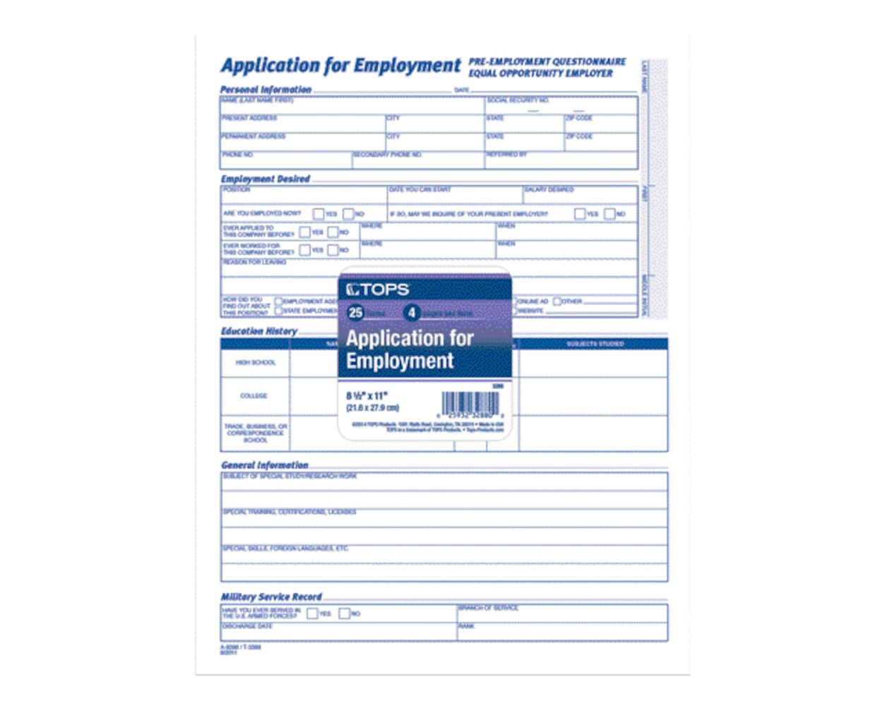 TOPS Application for Employment, White, 4 PG, 25 FORM/PK