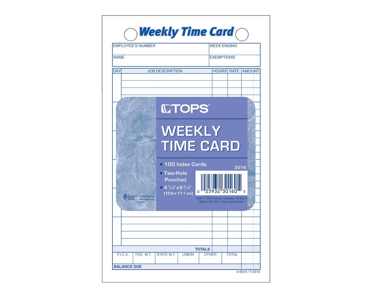 TOPS Time Card, Weekly, White Index Bristol, 100 CD/PK
