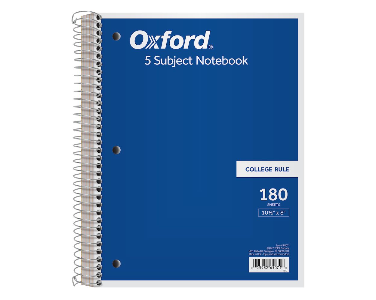 Oxford 5-Subject Notebook, 8" x 10-1/2", College Rule, 180 Sheets, 4  Dividers